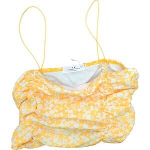 Rebellious Dreamer Yellow Floral 70's Ruched Crop Spaghetti Straps Top Junior L